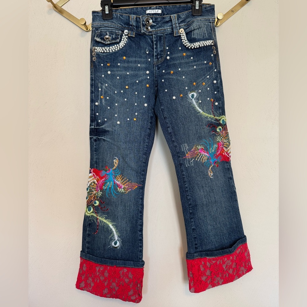 Embellished Y2K crop jeans embroidery and beading